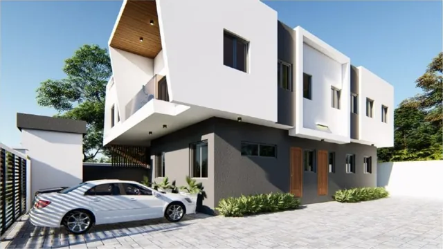 Atlantic View Estate, Lekki: cantilevered upper floor over the driveway