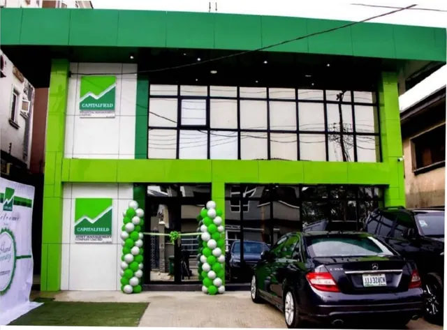 Capitalfield Investment Company office in Ikoyi, Lagos, with green branded glass frontage