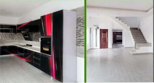 Fitted kitchen and staircase inside the Osapa London apartment, Lekki